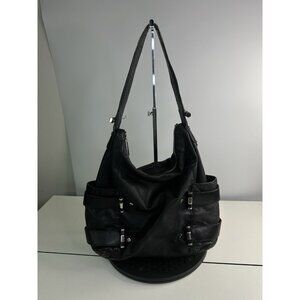 Michael Kors Black Leather Silver Hardware Shoulder Bag Purse Fulton